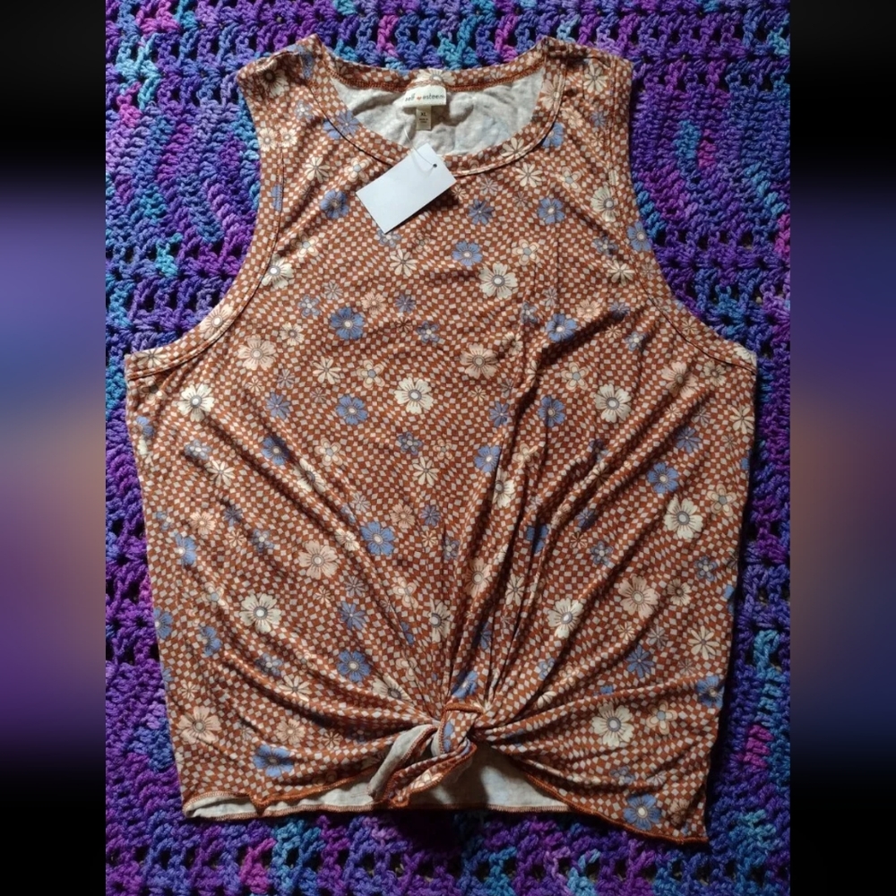 SELF ESTEEM Junior's NWT'S 90's Hippy Style Checker & Floral Crop Top Size XL